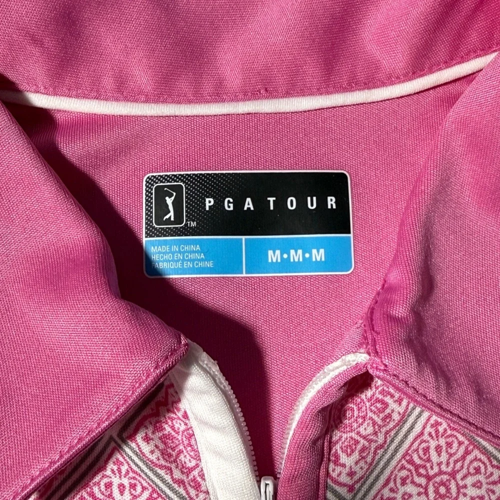 PGA Tour Womens Pink Geometric Tile Print Quarter‎ Zip Golf Polo Shirt Size M